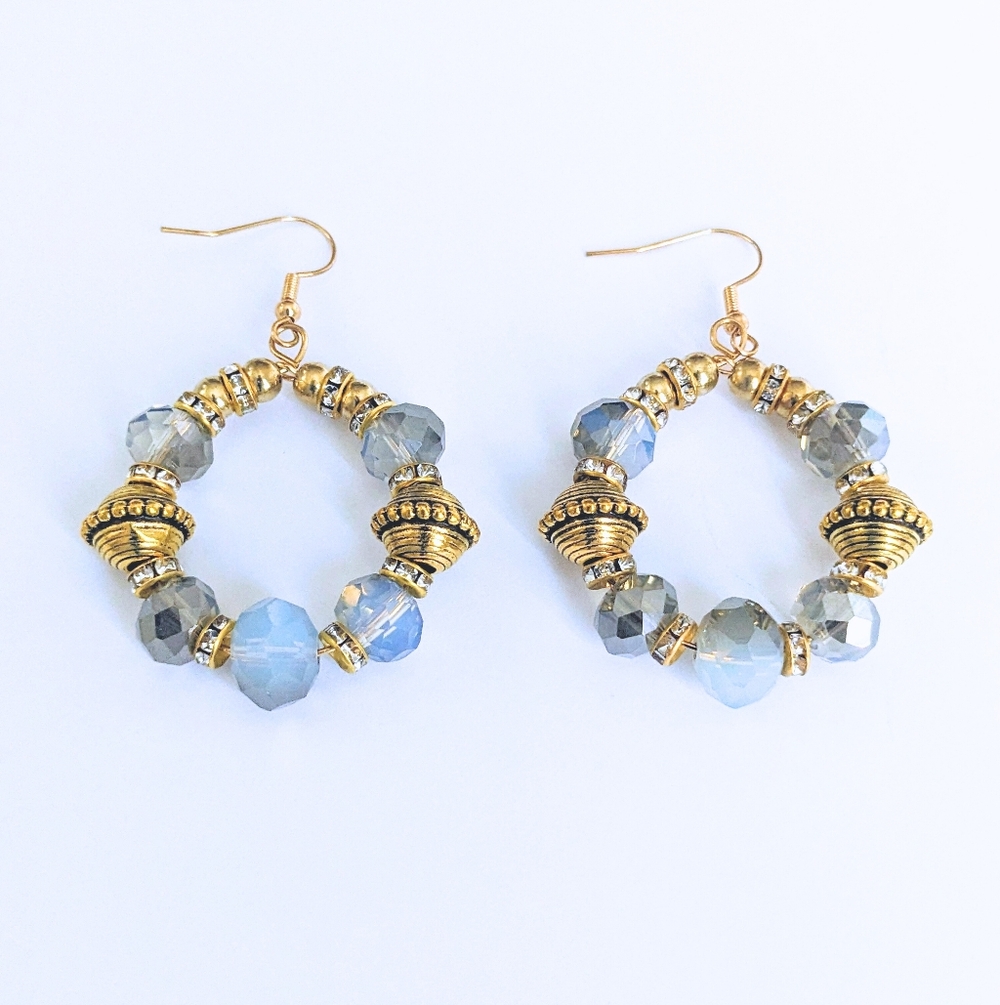 Gold and Blue Beaded Hoop Earrings